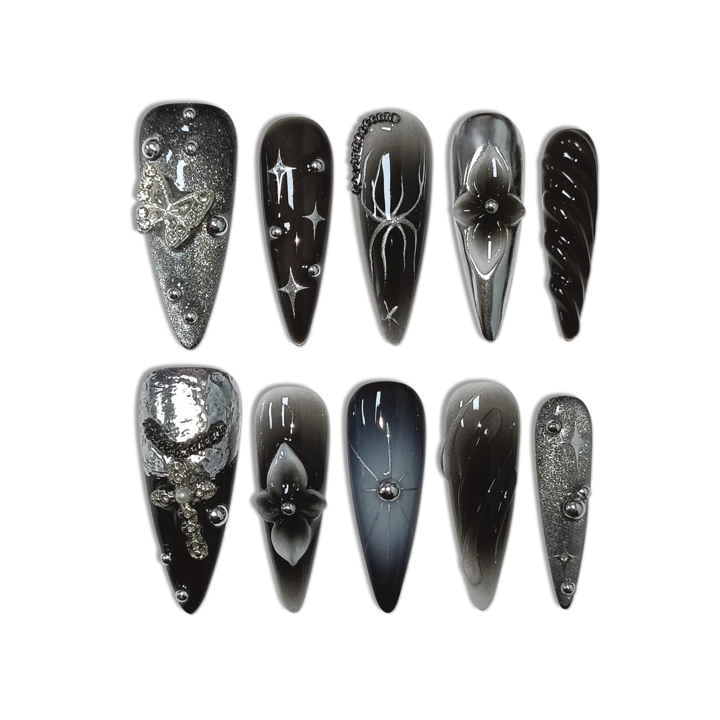 TENPAL 10Pcs Luxury Press On Nails Long Stiletto,Full Cover Crystal Glitter Fake Nail Set with Tools,Reusable Bride Wedding Nails for Bridal Party Bachelorette,Statement Making Glamorous Nail(XS)