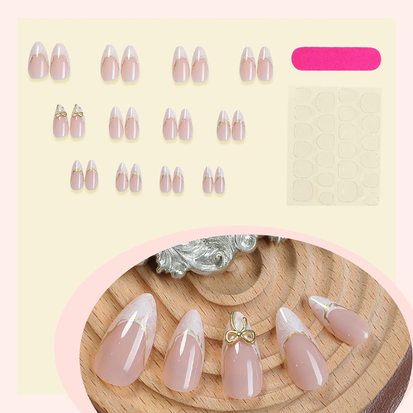 CJDLTS French Tip Press on Nails Medium Almond Shaped Gold Bow Design Nude Pink Acrylic False Nail Full Cover Glossy Artificial Fingernails Almond Tip False Nail DIY Glue on Nails for Women 24Pcs