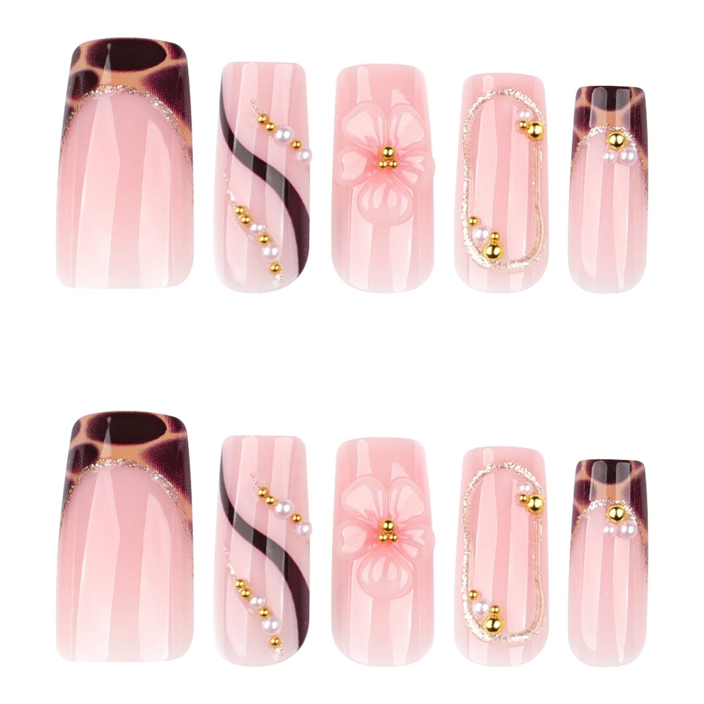 CTTHNBD Press on Nails Square - Medium Fake Nails with Flower Design - Leopard Print French Tip False Nails - for Women 24 Pcs