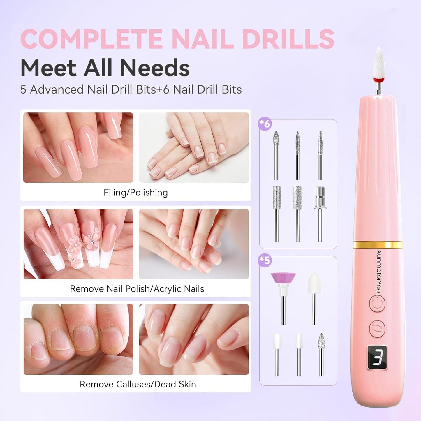 XunmotorYao Professional Electric Nail Drill File, Cordless Nail Drill Machine kit for Acrylic Gel Dip, 12 in 1 Nail Machine Kit Portable Rechargeable Manicure Pedicure Tools for Home Salon(Pink)