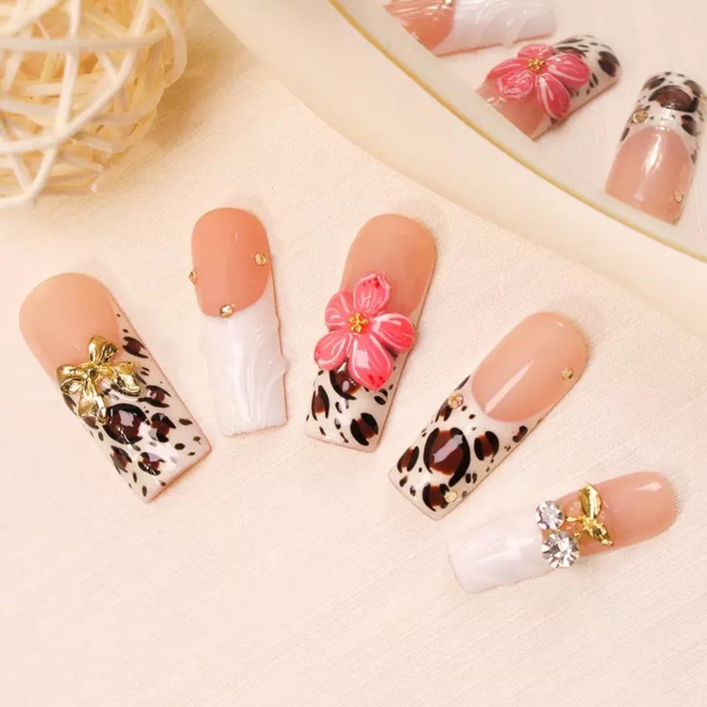 100% 5D Handmade Press on Nails with Charms Long Square Nails Press ons- Embossed French Tips False Nails Bow Flower Cherry Charms Press on Nails for Women Girls Daily Wear DIY Manicure Size M