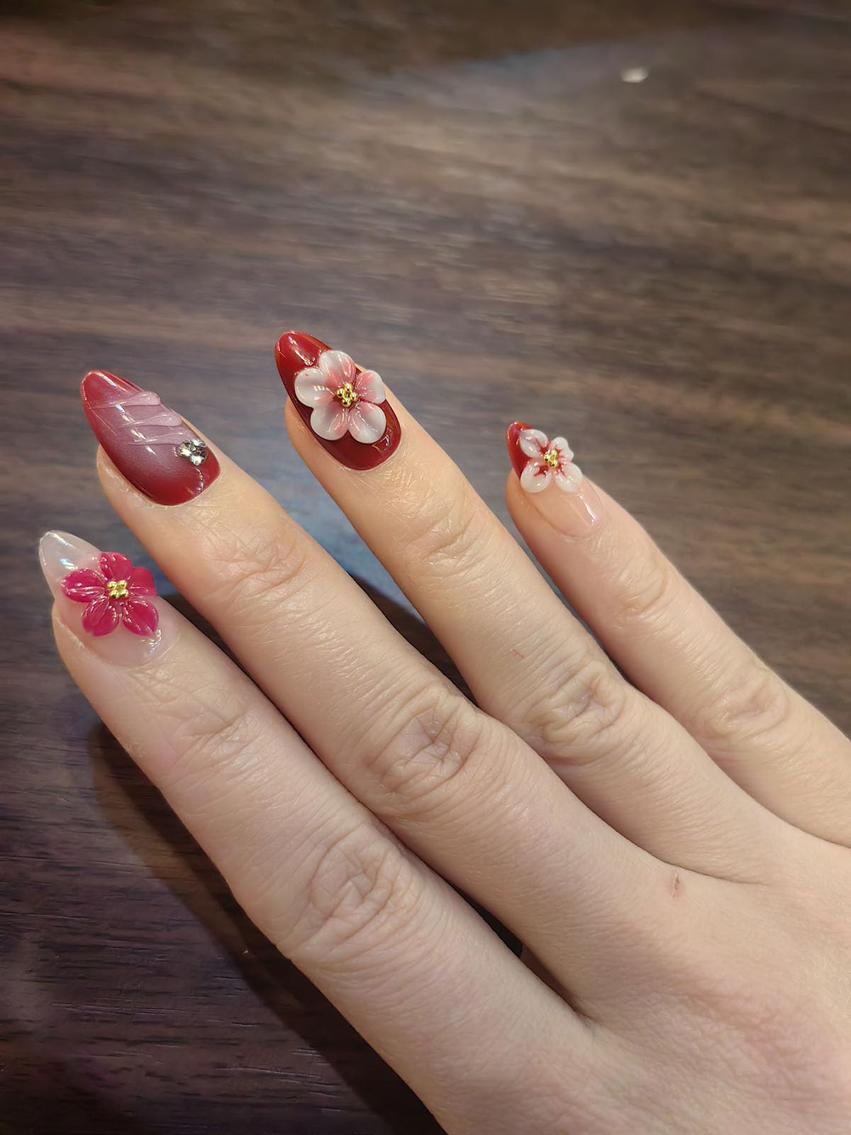 10 short Almond Handmade Press On Nails | 3D Floral Red & Nude Romantic Cherry Blossom Design with Rhinestones,New styles | Skip Salon Trips, Easy to Apply & Remove, Reusable (251108, XS)
