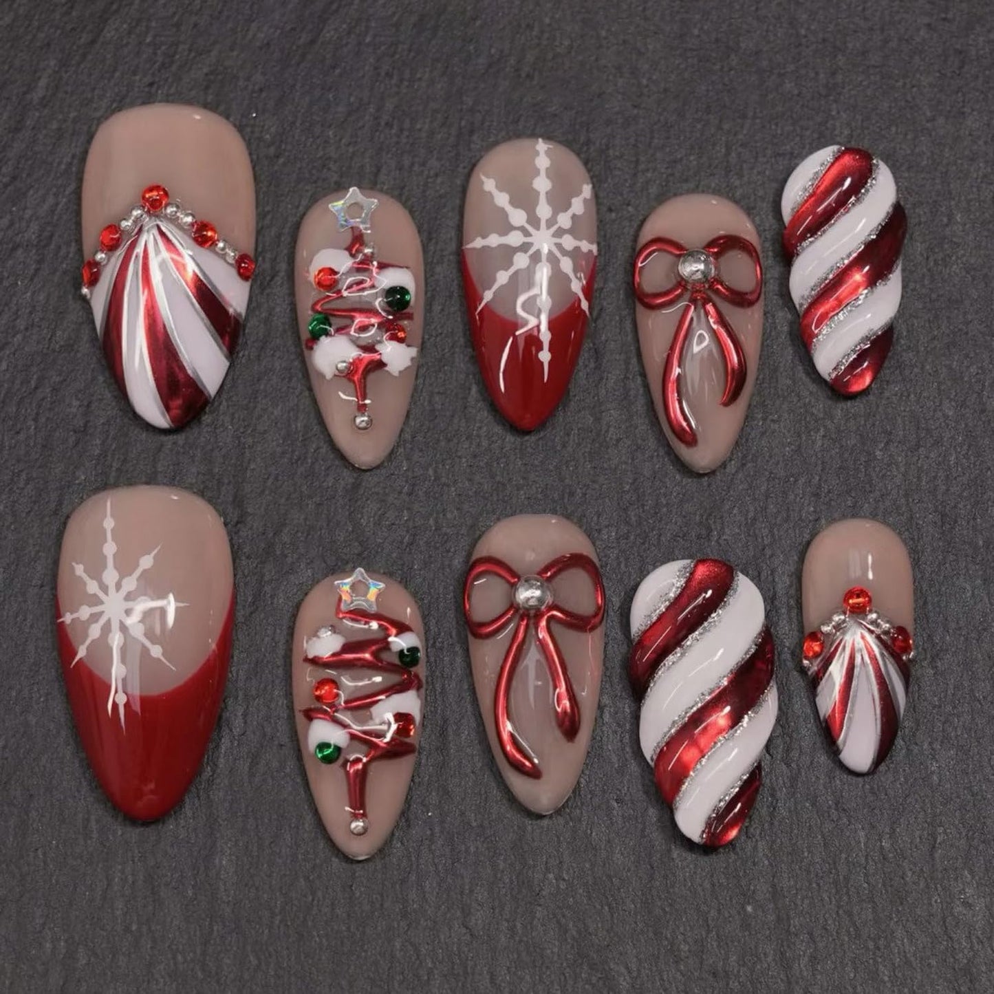 24 Pcs Christmas Press on Nails Medium Almond Fake Nails with French Snowflake and Bow Design Red White False Nails Christmas Tree Manicure Acrylic Nail Full Cover Artificial Nail for Women