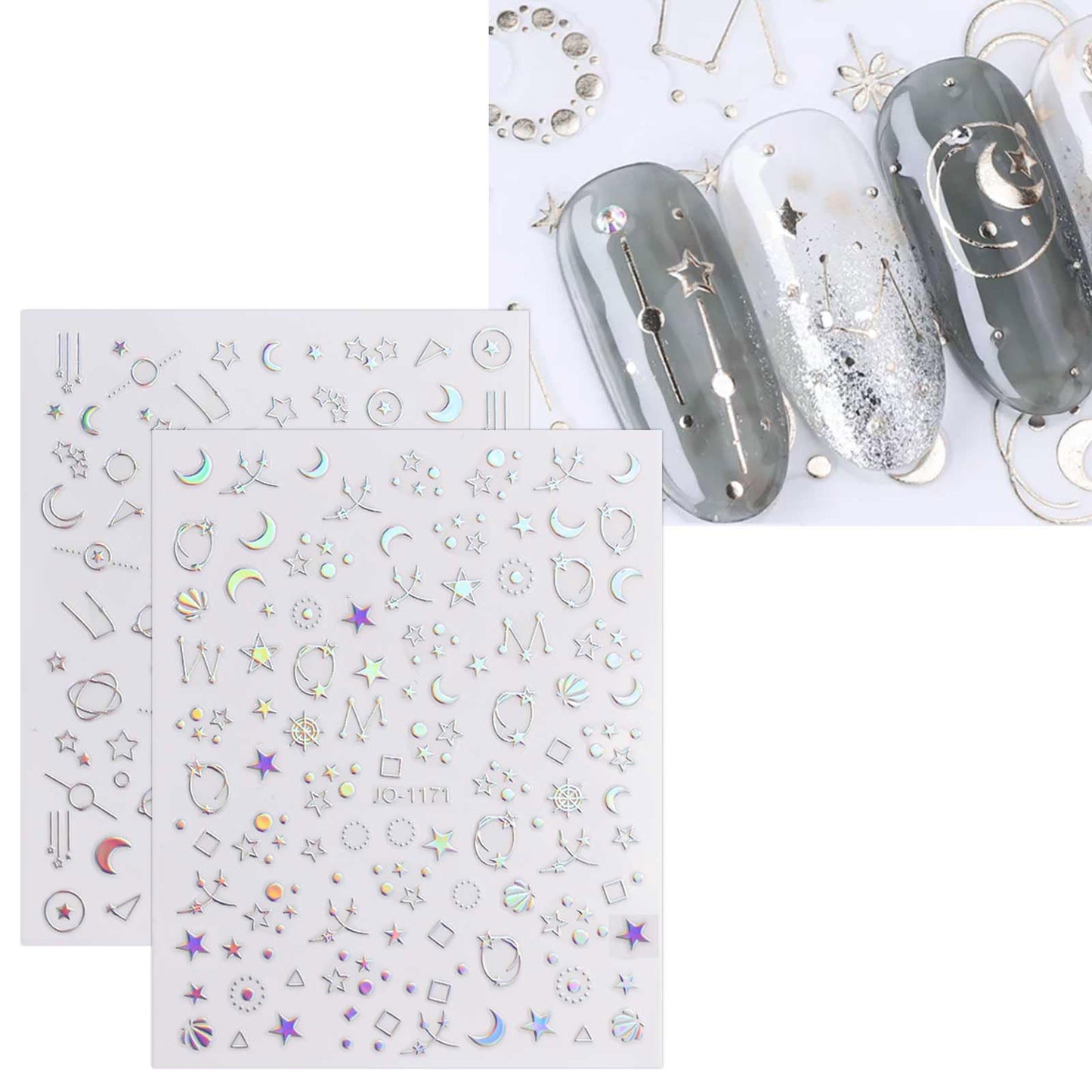 JMEOWIO 12 Sheets Aurora Nail Art Stickers Decals Self-Adhesive Pegatinas Uñas Glitter Holographic Star Heart Nail Supplies Nail Art Design Decoration Accessories