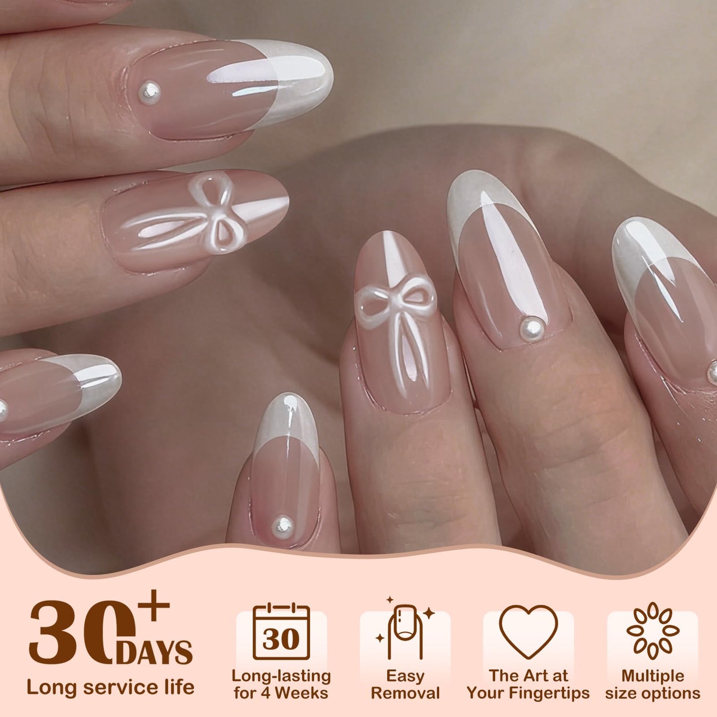 HOSAILY White Chrome Press on Nails Medium Almond, Cute Bow Pearl Charm Design Pretty White French Tip Press ons for Women, 30pcs Glossy Durable Daily Wedding Prom Thick Full Cover Stick on Fake Nails
