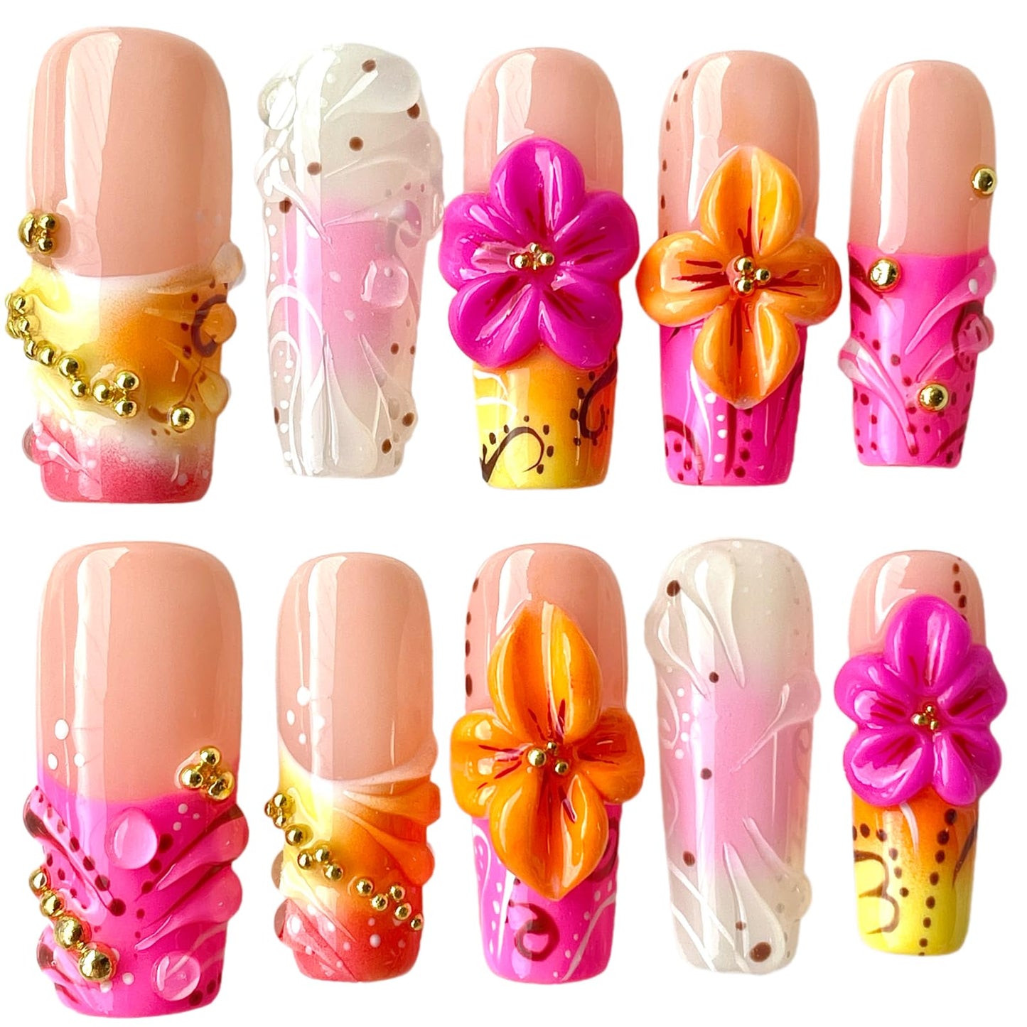 Handmade Press on Nails 3D Floral Medium/Long Square False Nails | Pink & Yellow Gradient | Bohemian Design| Reusable Acrylic Fake Nails (Sunburst, S)