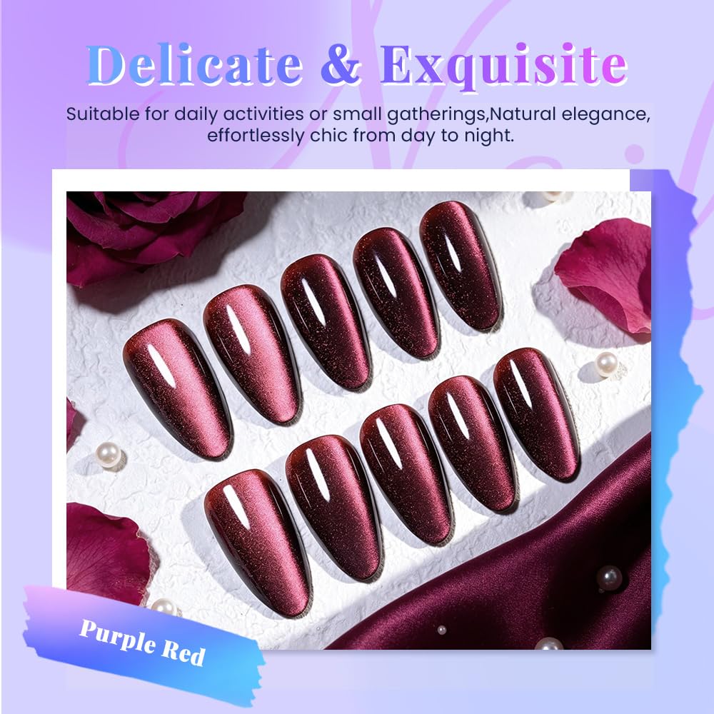 XZMeiLun Cat Eye Purple Red Press On Nails Almond Medium, Magnetic Acrylic Fake Nails Stylish Design, Salon-Quality Shiny Finish, Reusable Stick On Nails Kit for Women, Daily Wear (No Glue Included)