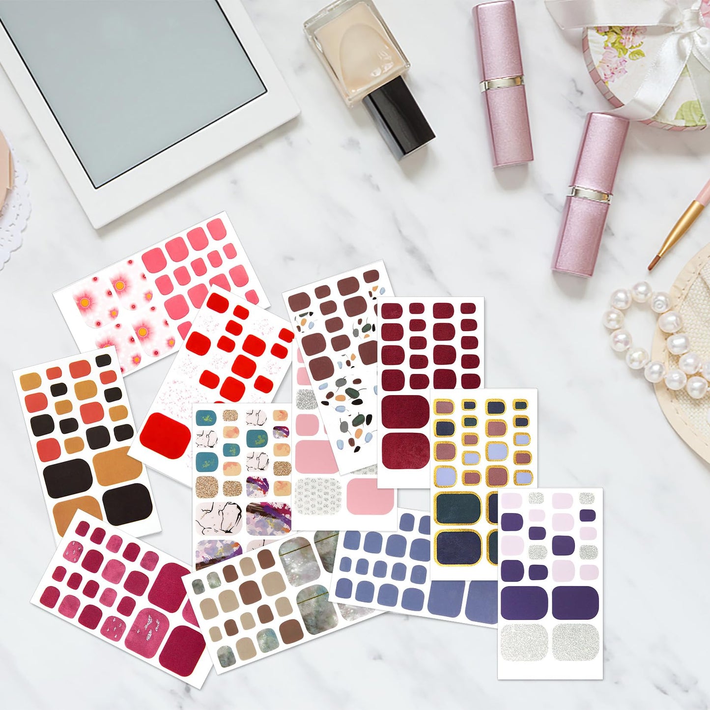 YECIRALA 20 Sheets 440 Pcs Minimal Designs Toe Nail Polish Stickers Full Nail Wraps for Women Girls Glitter Gradient Marble Gel Nail Strips for Toes Toenails Stickers Nail Polish Strips