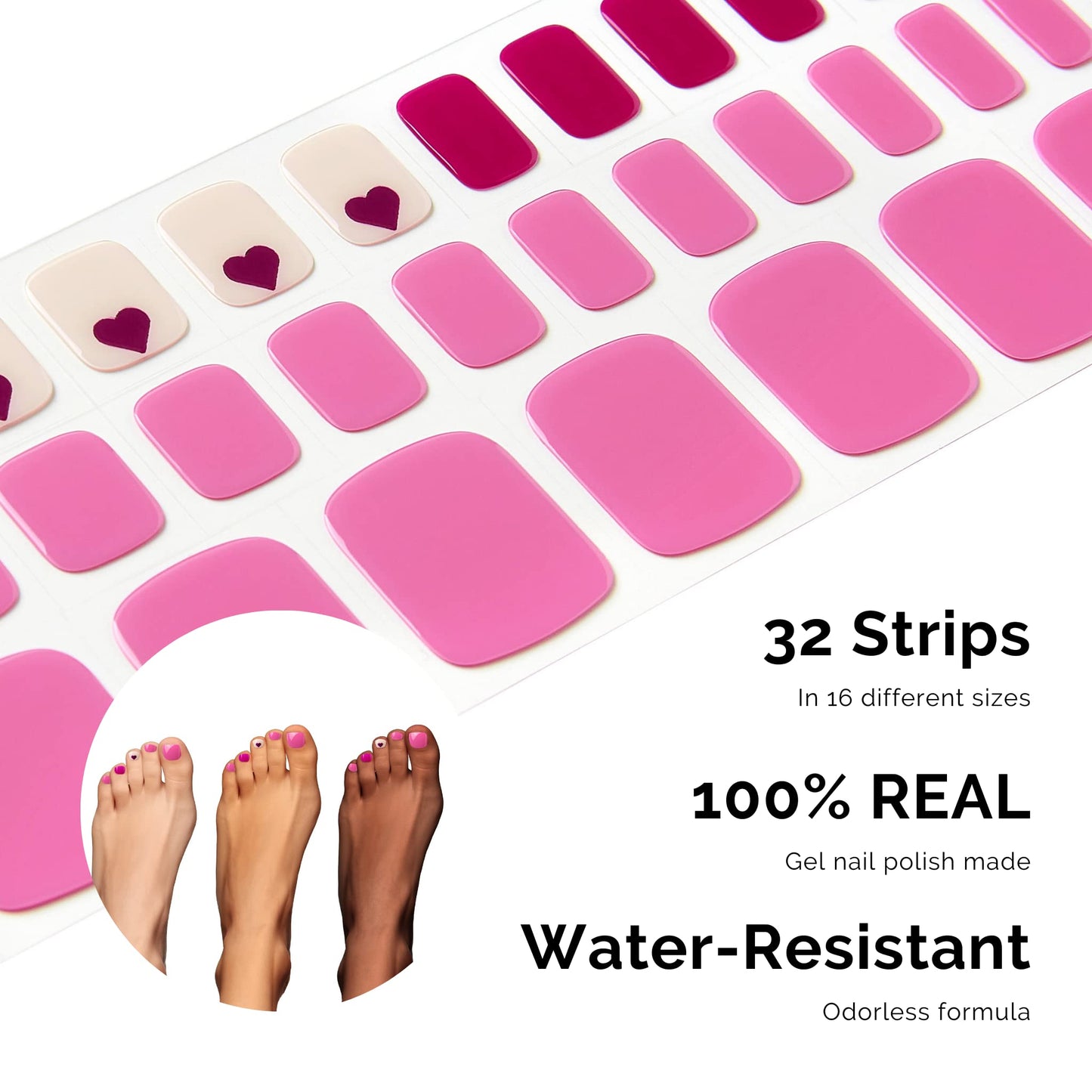 NAILOG Semi Cured Gel Nail Strips, Toe Nail Polish Strips with Glossy Gel Finishing | Buy 3 Get 1 UV Lamp| 32 Pieces Long Lasting Pedi Stickers | Red