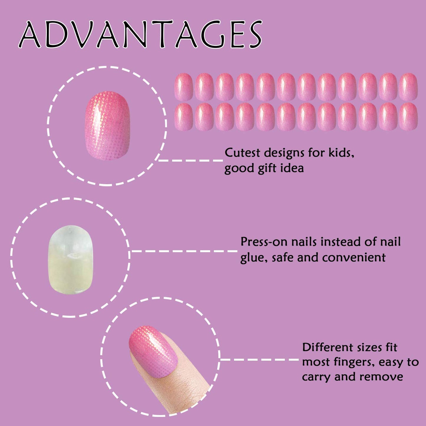 Laza 120pcs Children Nails Girls Press On Artificial Nail Tips Pre-glue Full Cover Short Cute False Nail Kits Lovely Christmas Gift for Children Kids Little Girl Nail Art Decoration - Pinky Lady
