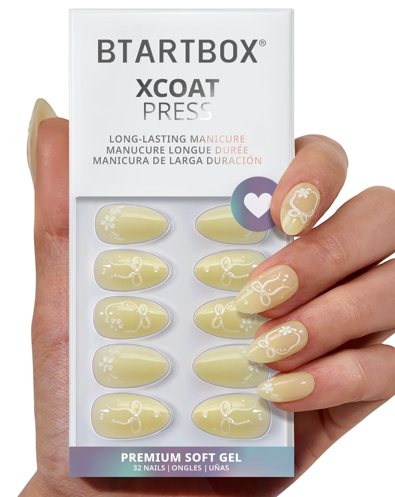 BTArtbox Press On Nails Short - Garden Trellis, Lamp-Curable 4-Week Wear 3D Bow Yellow Almond Press On Nails with Glue and Adhesive Tabs, Easy-to-Apply in 16 Sizes - 32 Nails All-in-One Kit
