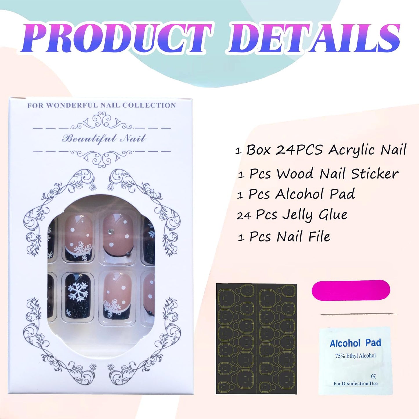 Short Press on Nails Christmas Nails Press ons French Tip Fake Nails with Rhinestone and Snowflake Designs Full Cover Gradient Stick on Nails Reusable Nail Black Glue on Nails Holiday Manicure 24Pcs