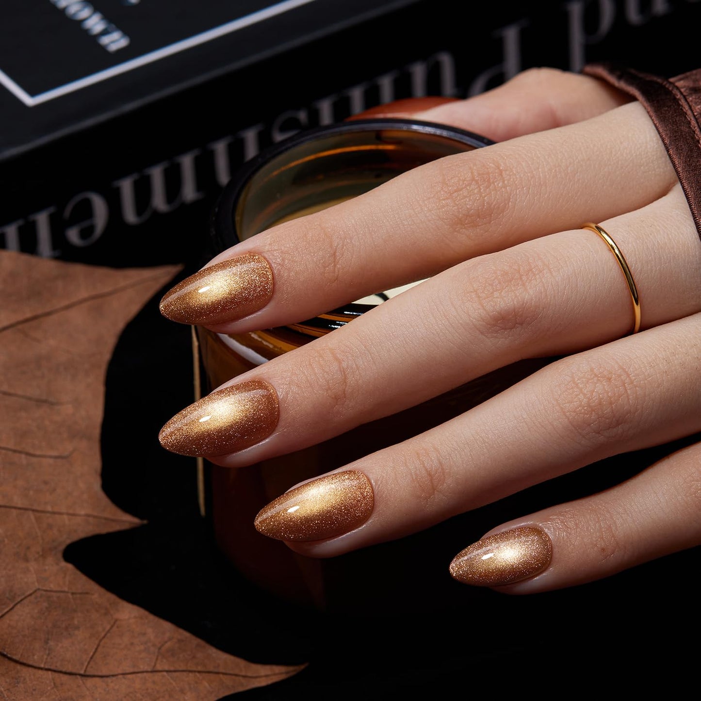 VSALON Press On Nails Short Almond, Brown Cat Eye Sparkle Fake Nails Kit, Reusable Glue on Nails, 32 Pcs Stick On Nails in 16 Size