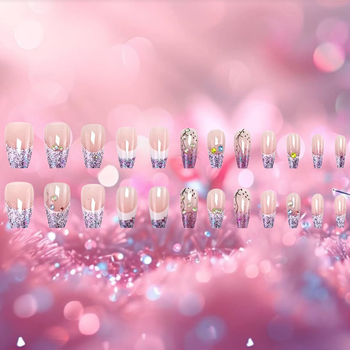 24Pcs French Tips Press on Nails Glossy Purple Glitter Medium Coffin False Nail Rhinestones Acrylic Full Cover Fake Nails Curve Gel Glue on Fingernails Sequin Stick on Nail for Holiday Manicure Art