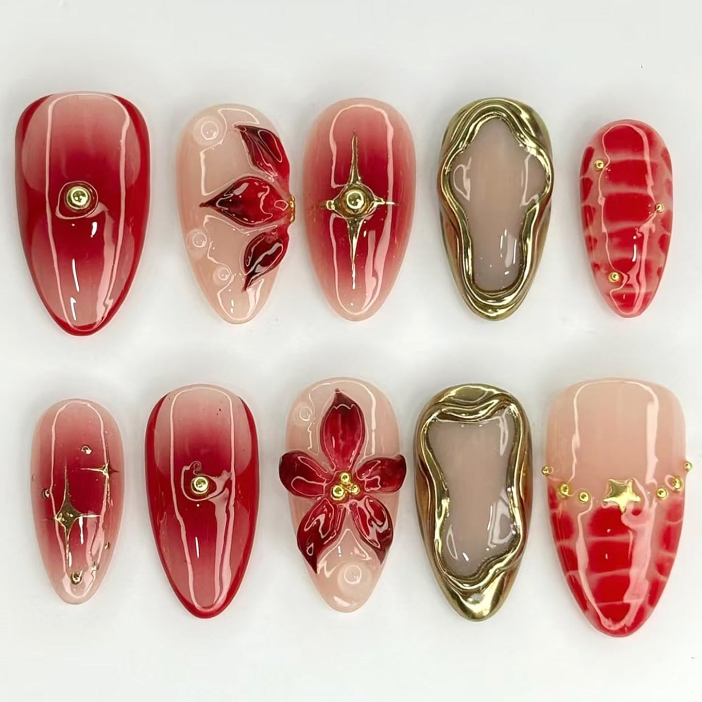 CJDLTS 24Pcs 3D Flower Fake Nail Medium Almond Gold Stars Rhinestones Lines Design Stick on Nails Full Cover Reusable Coffin Press on Nails Artificial Acrylic Fingernails for Women Manicure