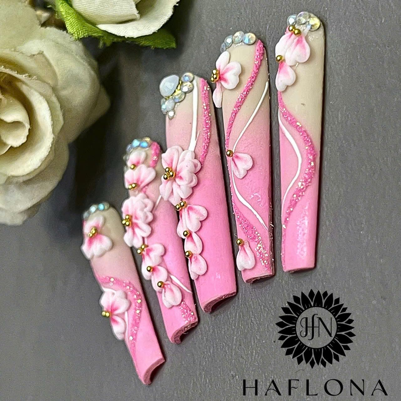 Set 20Pcs Pink Heart 3D Flowers for Nails, Handmade 3D Acrylic Flowers for Valentine - Wedding Nails, Flower Nail Made by Acrylic Powder Design Deco Nail Art Women Girls (15 Pink Heart 2#)