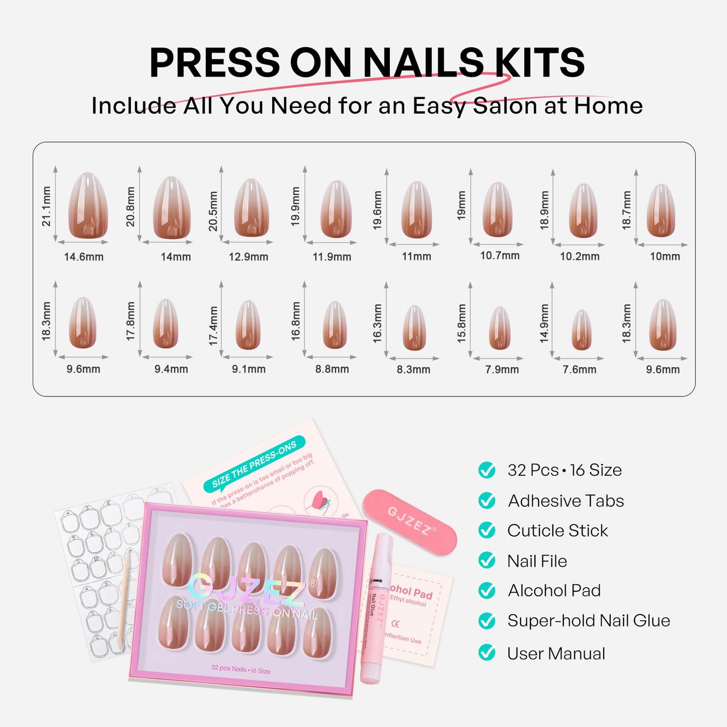 Chrome Press On Nails Short Almond - GJZEZ Soft Gel Glazed Donut Fake Nails Press Ons with Ombre Deign, Nude to Milky White Spring Summer Reusable Faux Nail Gifts for Women in 16 Sizes - 32PCS