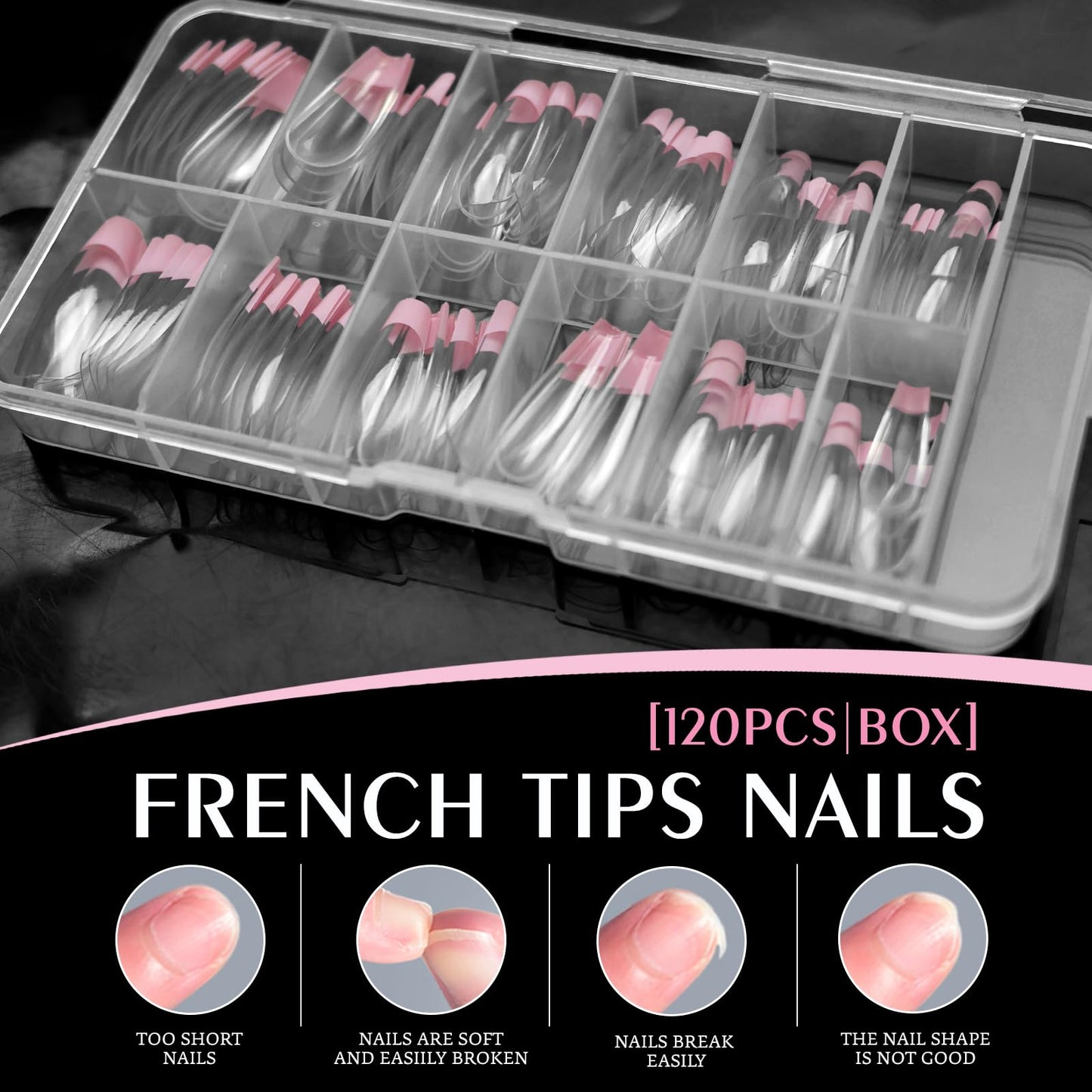 Bellelfin Pink French Tip Press on nails Long Coffin Fake Nails, 120PCS Coffin Nail Tips Long French Tip Nails, Clear Acrylic Nail Press on Full Cover False Nail