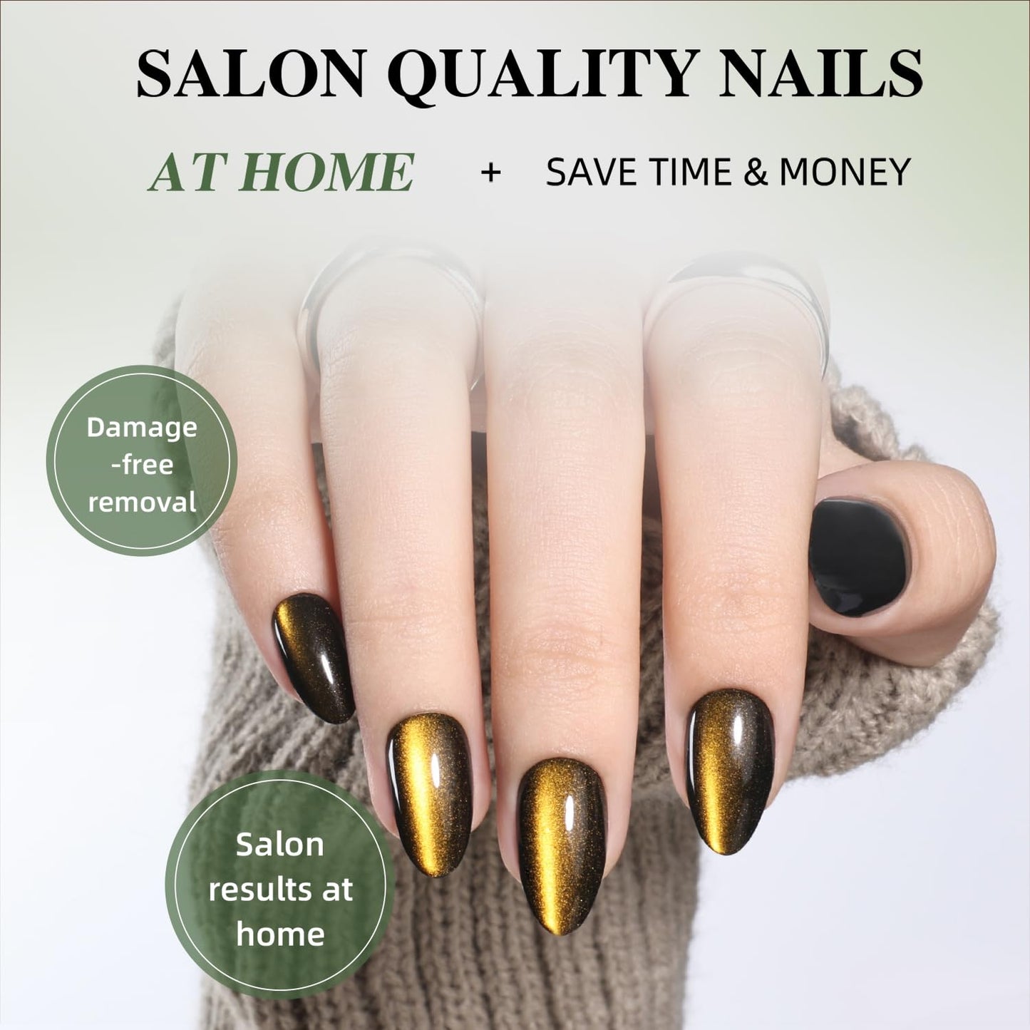 Gold Cat Eye Press On Nails - Gold Short Almond Fake Nails, Cateye Press On Nails Reusable Stick On Nails in 16 Sizes, 32pcs False Nail Kit for Women & Girls (Golden Cat Eye)
