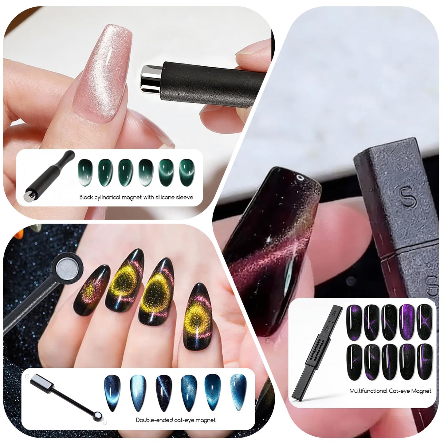 YECIRALA 14Pcs Cat Eye Magnet For Nails Magnet Tool Set With 2 Pcs Y-Shape Iron Molds, Double-Side Cylinder And Bead Cat Eye Gel Nail Polish Magnet For Nails Different Magnet Sticks Design Tools