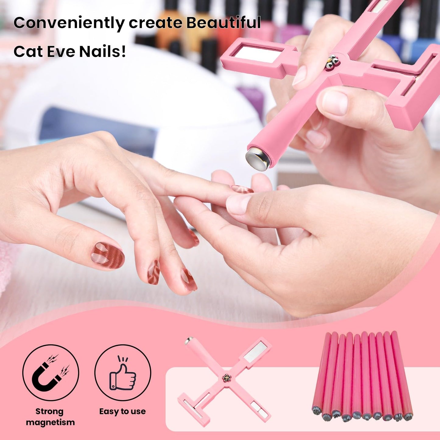 5 in 1 Nail Magnet Tool with 10Pcs Nail Art Stamp Pen, Nail Magnet for 3D Cat Eye Gel Nail Polish Magnet Tools, Nail Art Flower Stamp Pen DIY Nail Art Tools for Salon DIY Home Manicure