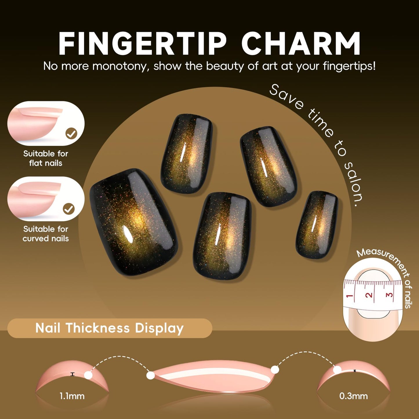 HOSAILY Black Gold Cat Eye Press on Nails Short Square New Year Fake Nails with Magnetic Shimmer Design, 24pcs Glossy Soft Gel Glue on Nails Coffin, Salon Quality Stick on Nails Press Ons for Women