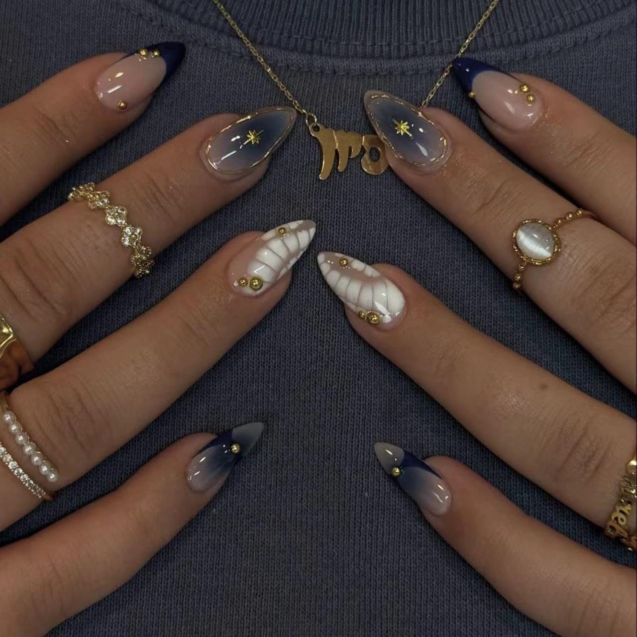 3D Press on Nails Medium Almond Bohemian Design, Navy-Nude Ombre Fake Nails Gold Studs Glossy for Women Kit, Reusable Soft Gel Stick on False Nails with Gold Stars French Designs Perfectly Fit