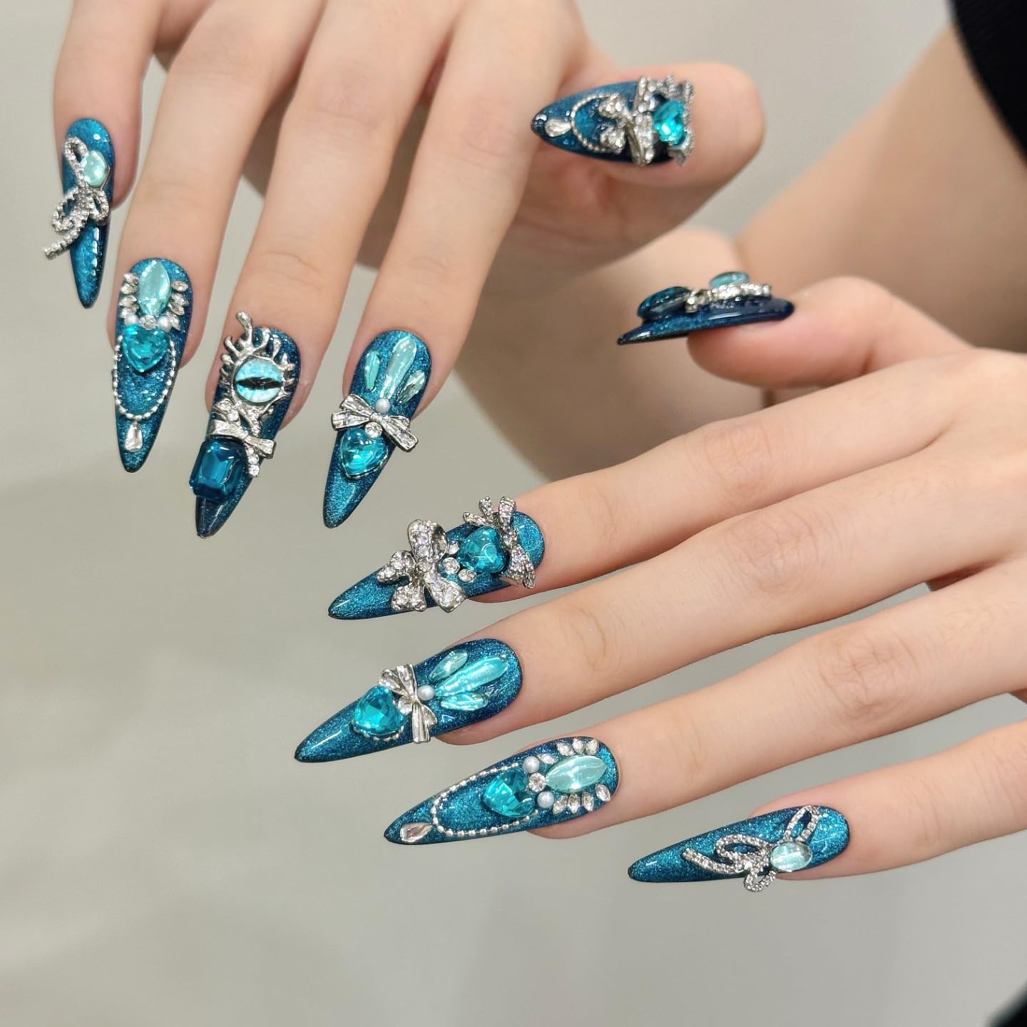 Yacey Luxury Jewel Handmade Press on Nails, Long Stiletto Reusable False Nails Press Ons, Blue Thick Acrylic Fake Nails with Charms, 3D Bling Glue on Nails for Women Girls (10 Pcs, M)