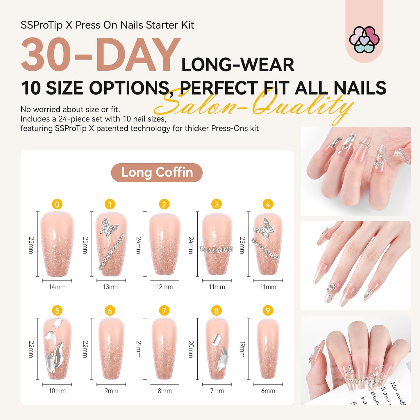 SAVILAND Silver Shiny Press On Nails Starter Kit: Pre-Designed Long-Wear Fake Nails Gel Nail Kit Press Ons 100% Acrylic Tips U V Nail Light Cured GEL Nail Glue False Nails DIY Art Set