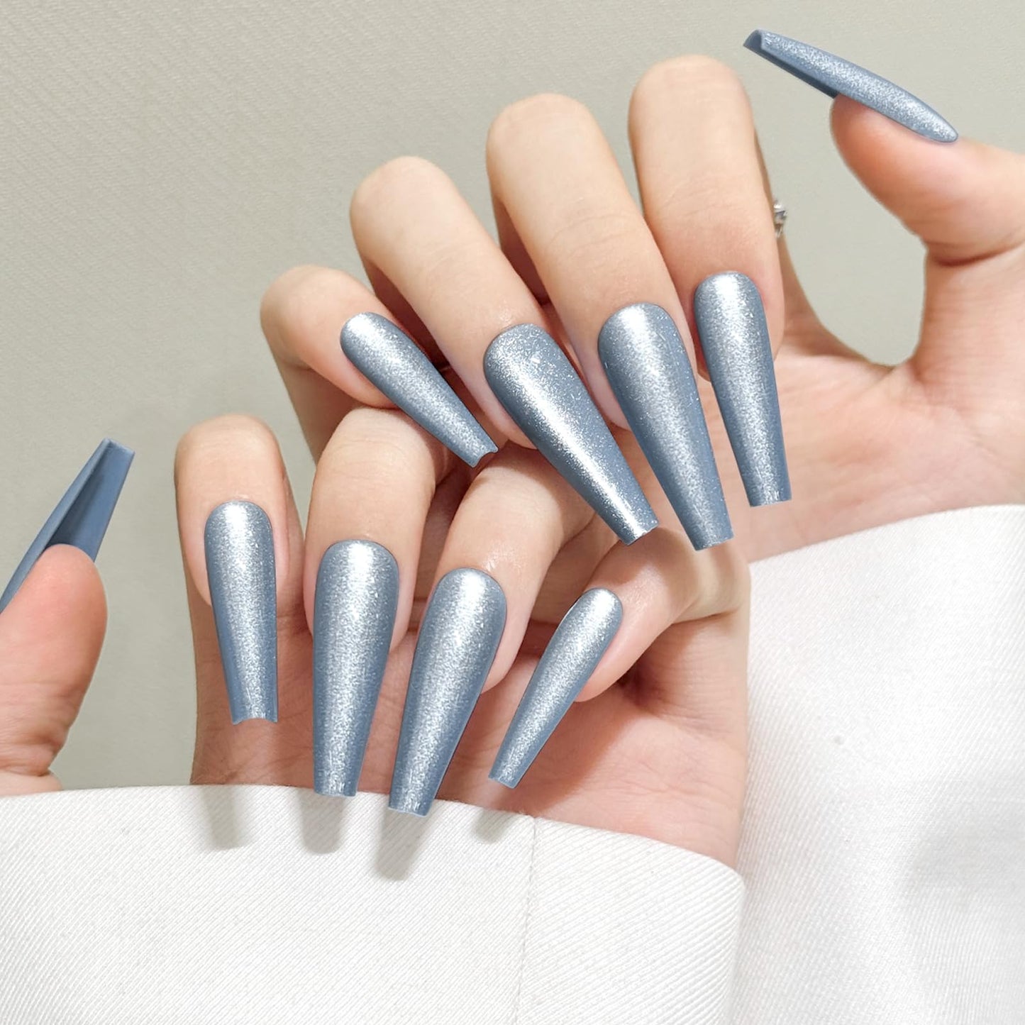 Light Blue Cat Eyes Press On Nails,12 Sizes - 24 Pcs Soft Gel Blue Long Coffin Fake Nails Kit with Nail Glue, Natural Reusable Stick On False Nails for Women and Girls SK1055
