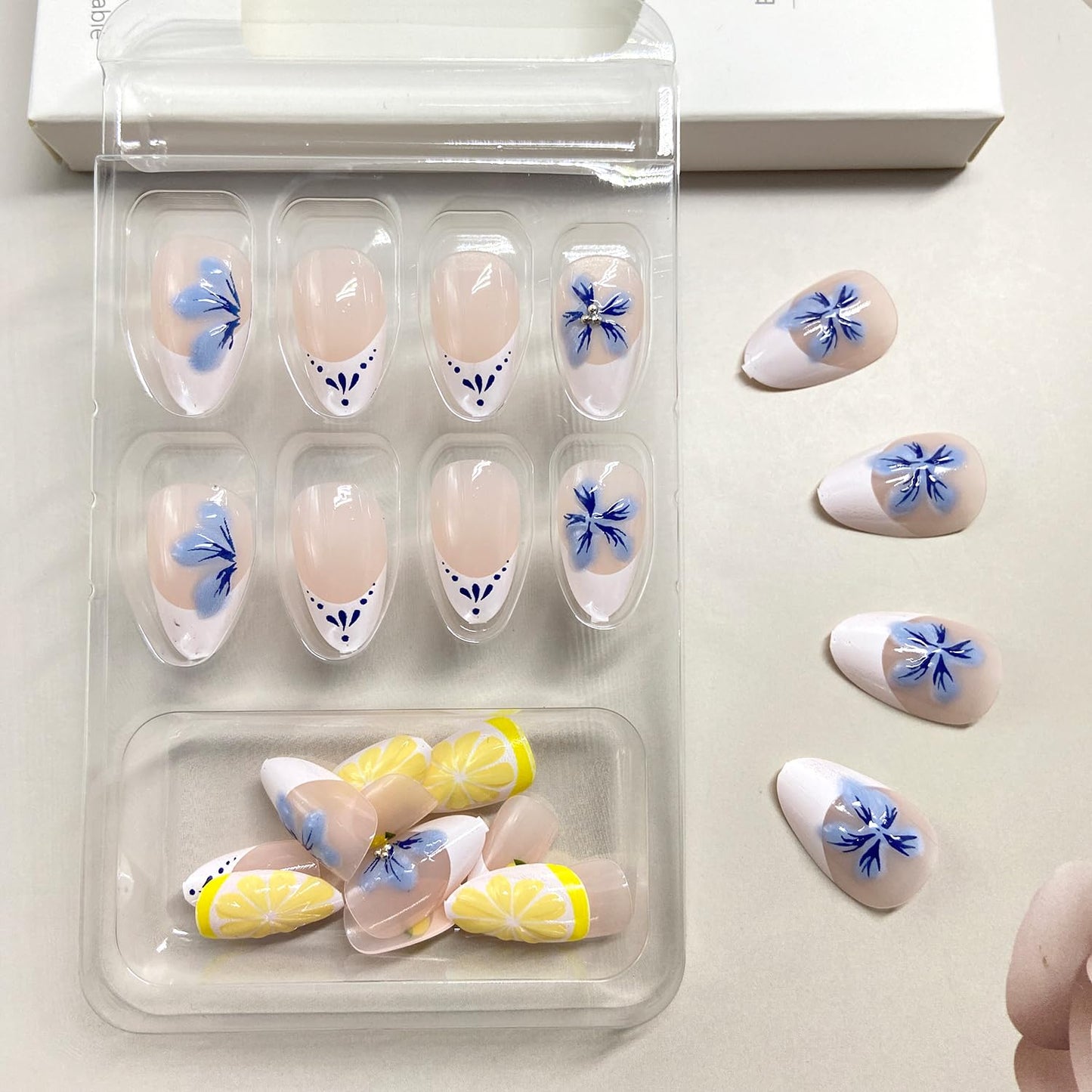 3D Flower Lemon Press on Nails White French Tip Fake Nails Short Oval Acrylic Glue on Nail Glossy Full Cover Artificial Stick on Nail for Women DIY Manicure