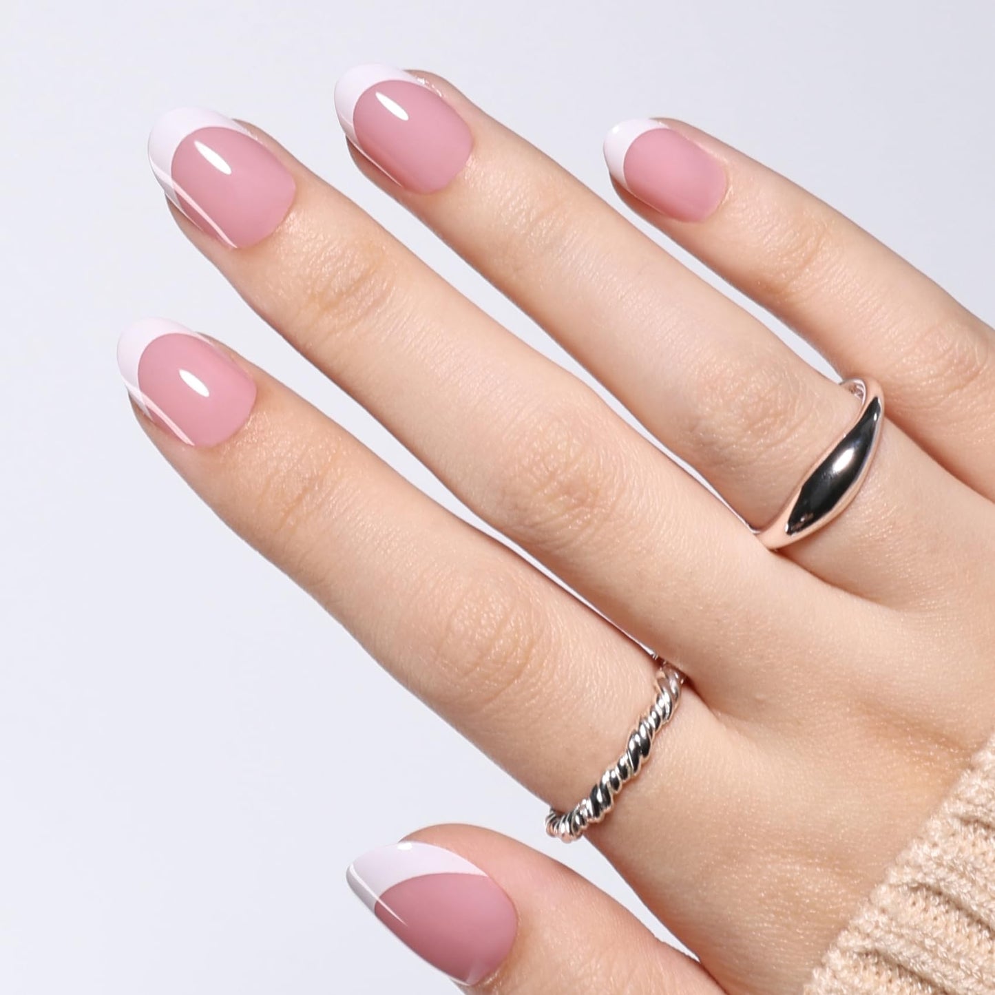 White French Tip Press On Nails Oval - Short Oval White French Tip Fake Nails with Nail Glue, Pink Press On Nails Reusable Stick On Nails in 16 Sizes - 32 Nail Kit for Women | Salon Quality