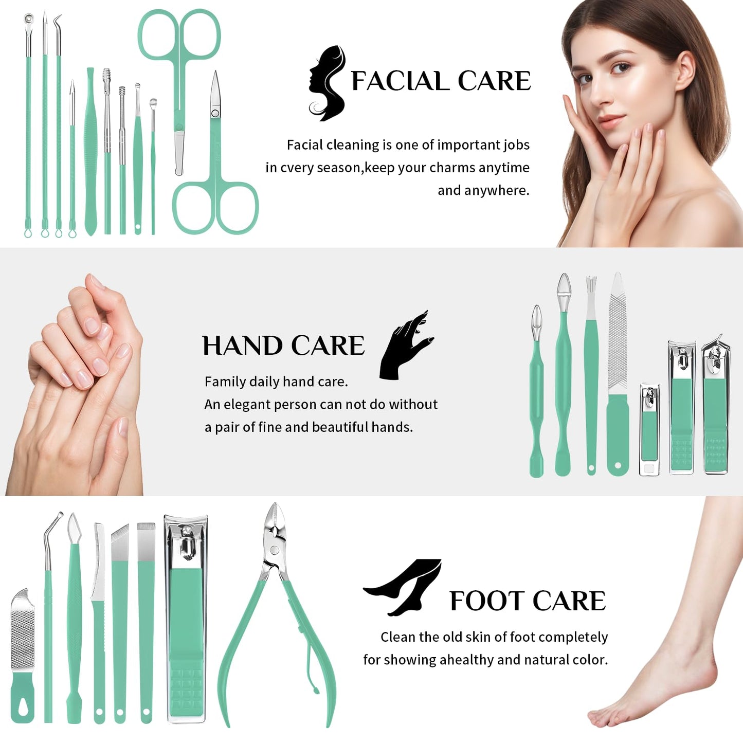 MINKINH Travel Manicure Set 26-Piece, Portable Nail Clippers Kit with PU Case, Carbon Steel Clippers, 410 Stainless Steel Grooming Tools, Hand Foot Facial Care for Luggage Backpack（Green）