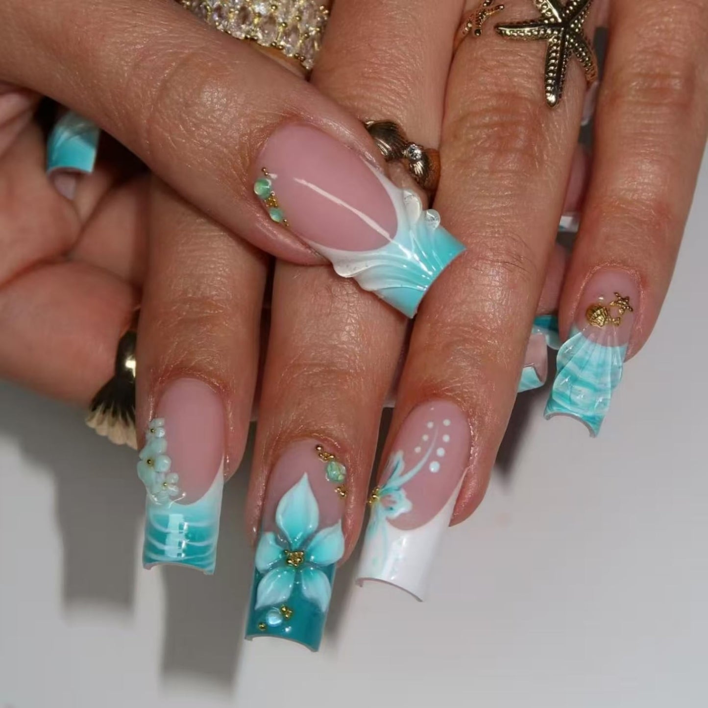Medium Press on Nails Square Blue Flowers Stick on Nail for Women 24pcs