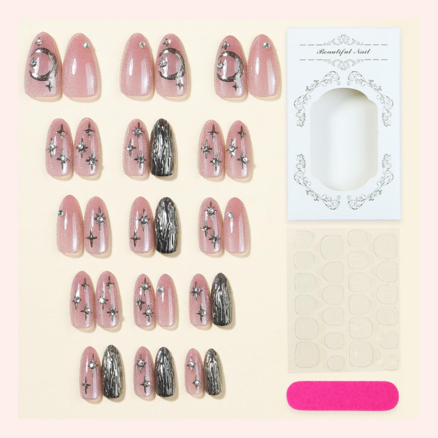 Medium Press on Nails Almond Fake Nails Cat eyeAcrylic Nail Press ons SEENEEY Silver Moon and Stars Designs Cat eye Stick on Nail for Women 30pcs