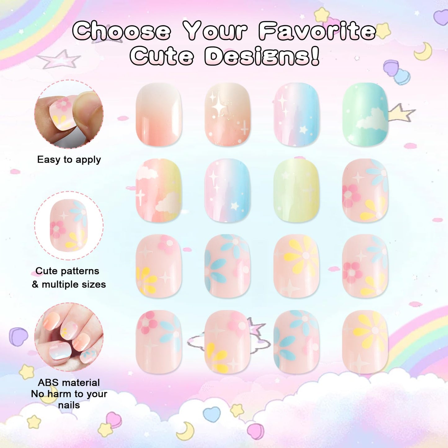SIUSIO 3Pack Children Acrylic Fake Nails, 72pcs Press on Full Cover Gradient Color Rainbow Short False Nail Art Kits Set with Sticker Tabs Nail Glue Gel for Kids Little Girls Women - Rainbow Nebula