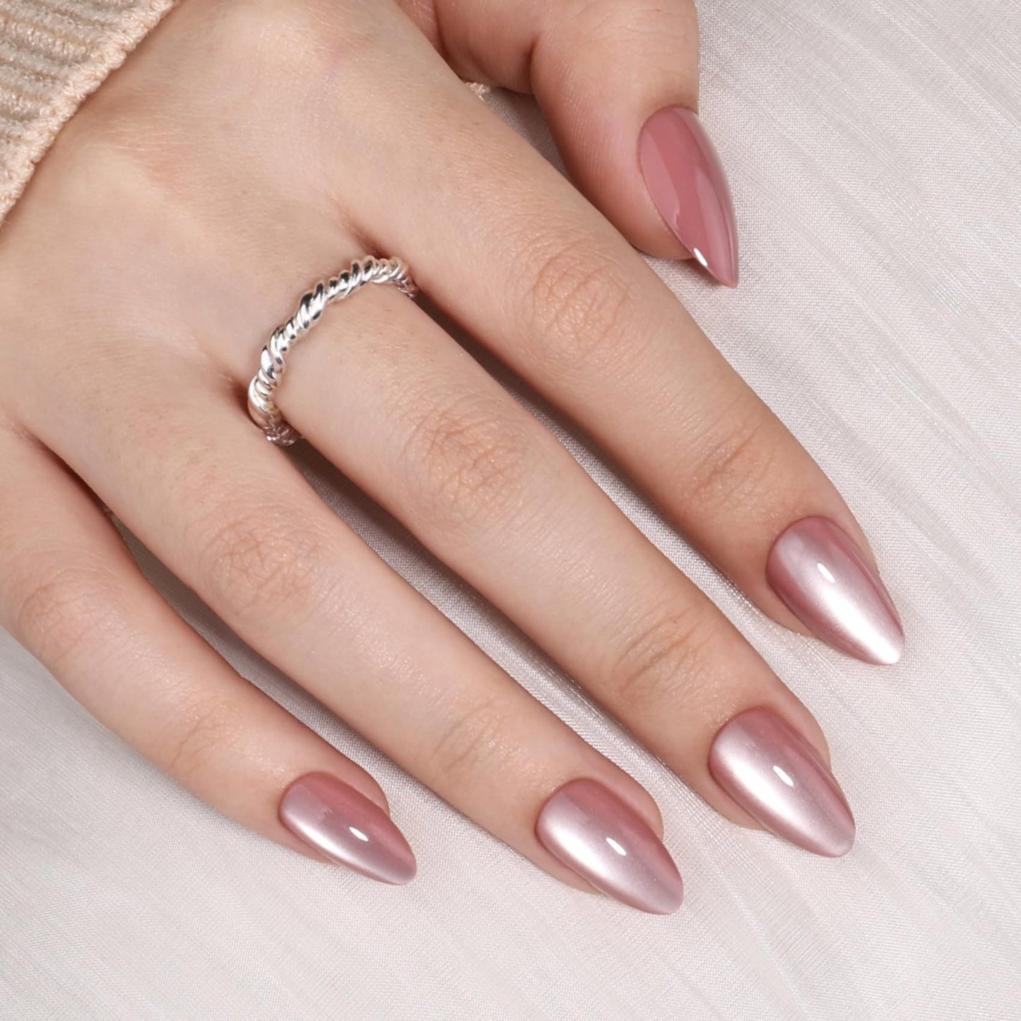 Cat Eye Press On Nails Almond - Mauve Short Fake Nails with Nail Glue, Pink Press On Nails Opaque Reusable Stick On Nails in 16 Sizes - 32 Nail Kit for Women & Girls | Salon Quality
