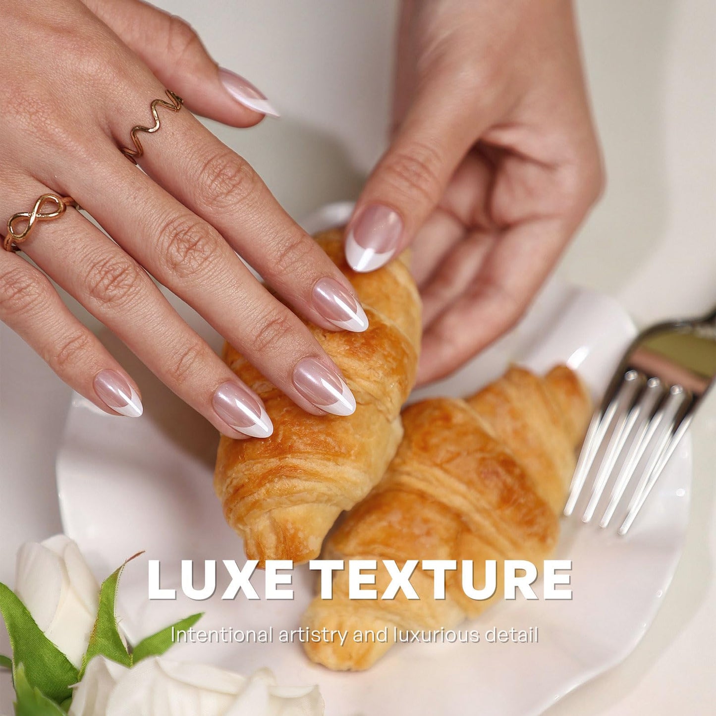 Pink Chrome French Tip Press On Nails - GJZEZ Soft Gel Short Almond Cute Spring Glazed Donut Aurora Pearlescent Fake Nail Gifts for Bridal, Salon Quality Reusable Nail | 16 Sizes - 32 pcs, Blush Glow