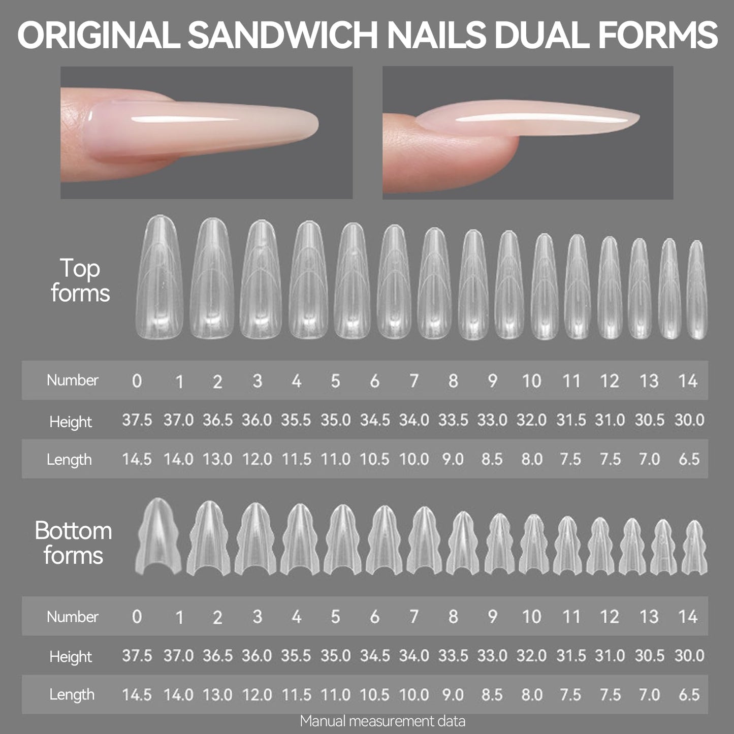 ESUOHYM 180 Pcs Sandwich Nail Forms Reusable Quick Nails Extension Mold for Builder Poly Gel,15 Sizes Bulider Dual Forms with Almond Shape Guide Lines Nail Art Tools Salon Home (Clear Oval)