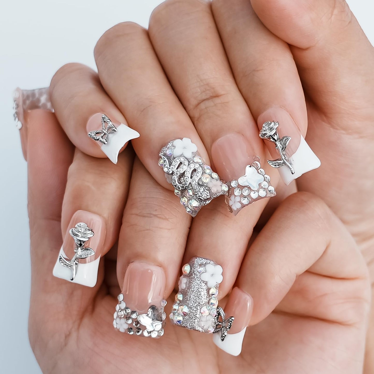 Tesytto Handmade Press on Nails Short Duck White French Tip Thick Acrylic Fake Nails 3D Floral Metallic Rose Butterflies Luxury Rhinestone Design (Silver Ash Butterfly Sheen,M)