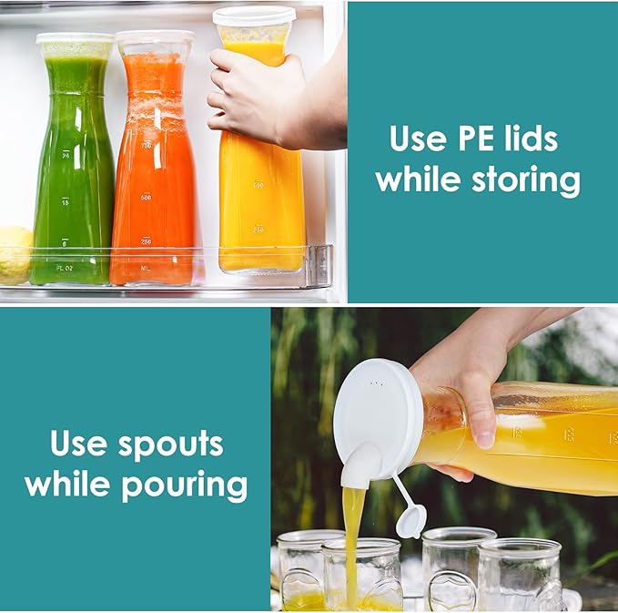 Glass Pitcher, 1 Liter Carafe for Mimosa Bar, 2 Pcs, Square Pitcher with Lid and Spout, Juice Container for Fridge, Cold Brew, Milk, Water Dispenser, Tea, Creamer, Sangria (3 Lids & 2 Spouts)