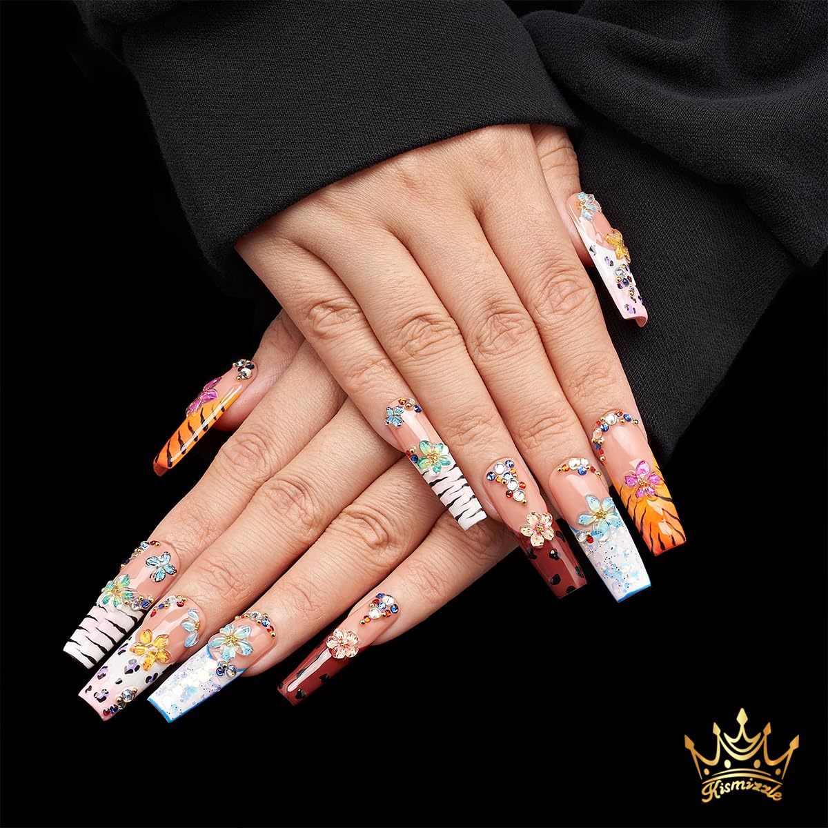Kismizzle Press On Nails - Nile Fierce | Handmade Acrylic Long Square Nails with Animal Print, 3D Flowers & Rhinestones | Reusable 10PCS Nail Kit, Multicolor (Multicolor, Medium)