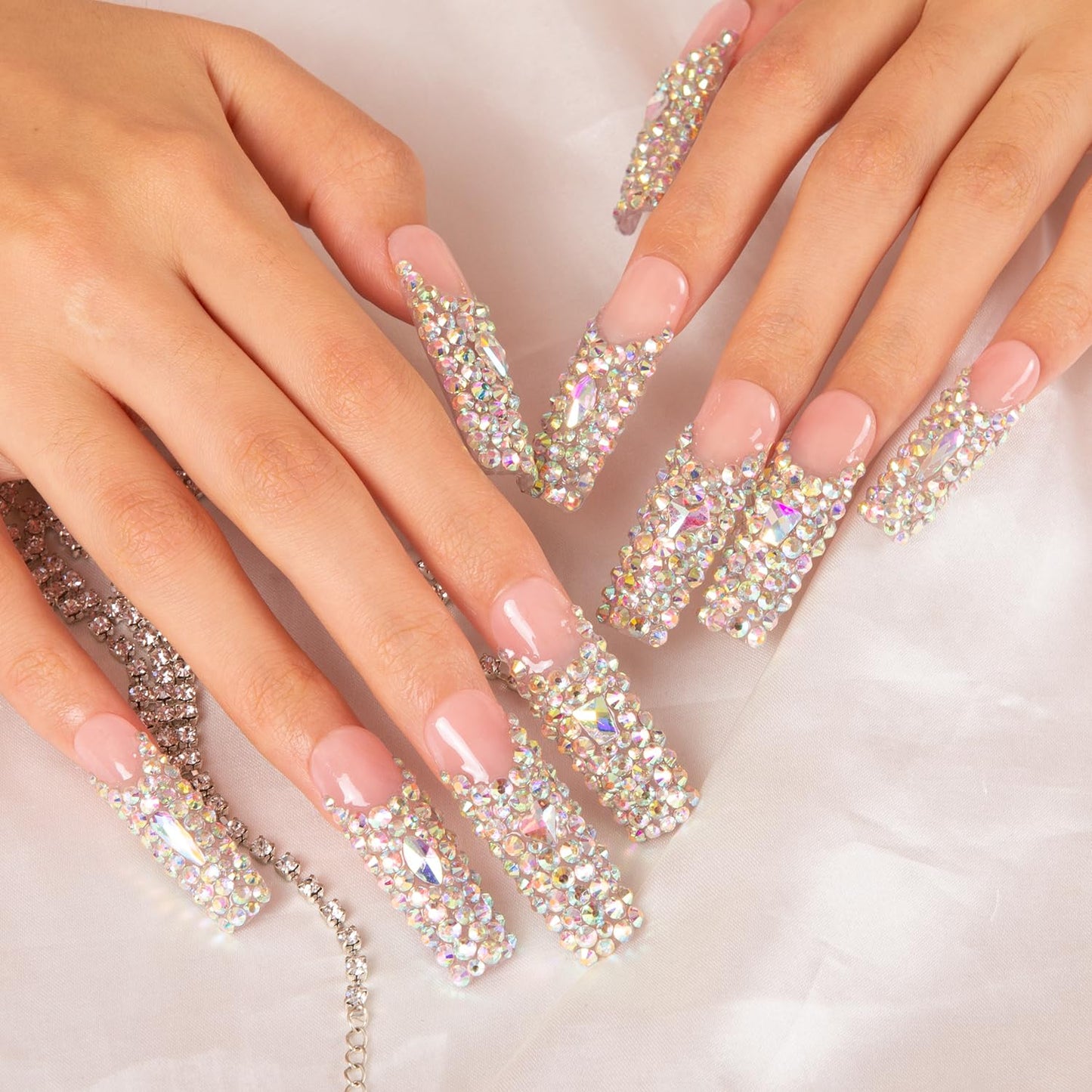 LOVFUL Press on Nails Angel's Tear Rhinestone | Handmade with Full Covered Crystals | Reusable Fake Nails | Square Mid length 1.7in | H48-L