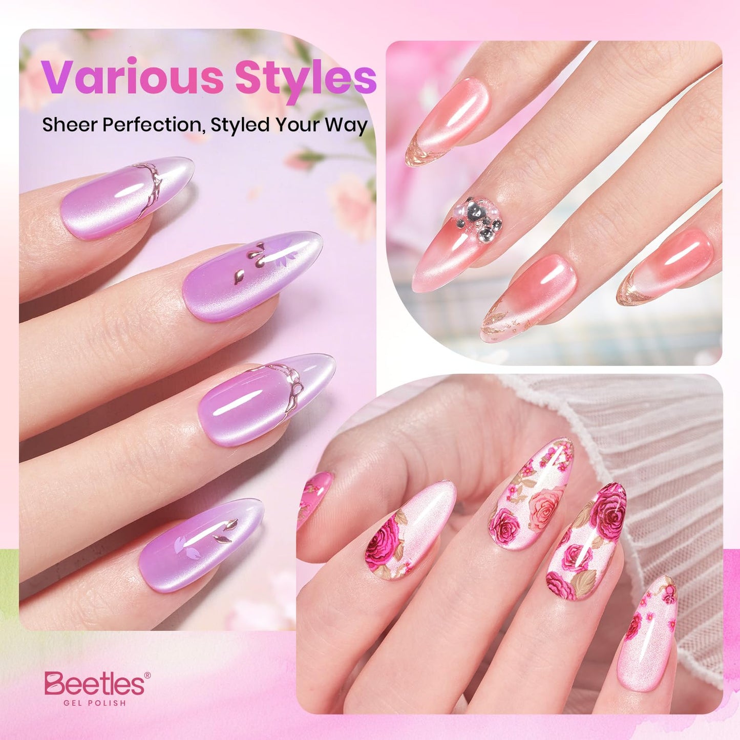 Beetles Cat Eye Gel Nail Polish Set, 6 Colors Fairy Garden Pastel Spring Shimmer Glitter Gel Polish Kit Pink Red Blue Orange Green Purple Velvet Gel Soak Off UV Magnet Nail Art DIY Gift for Women