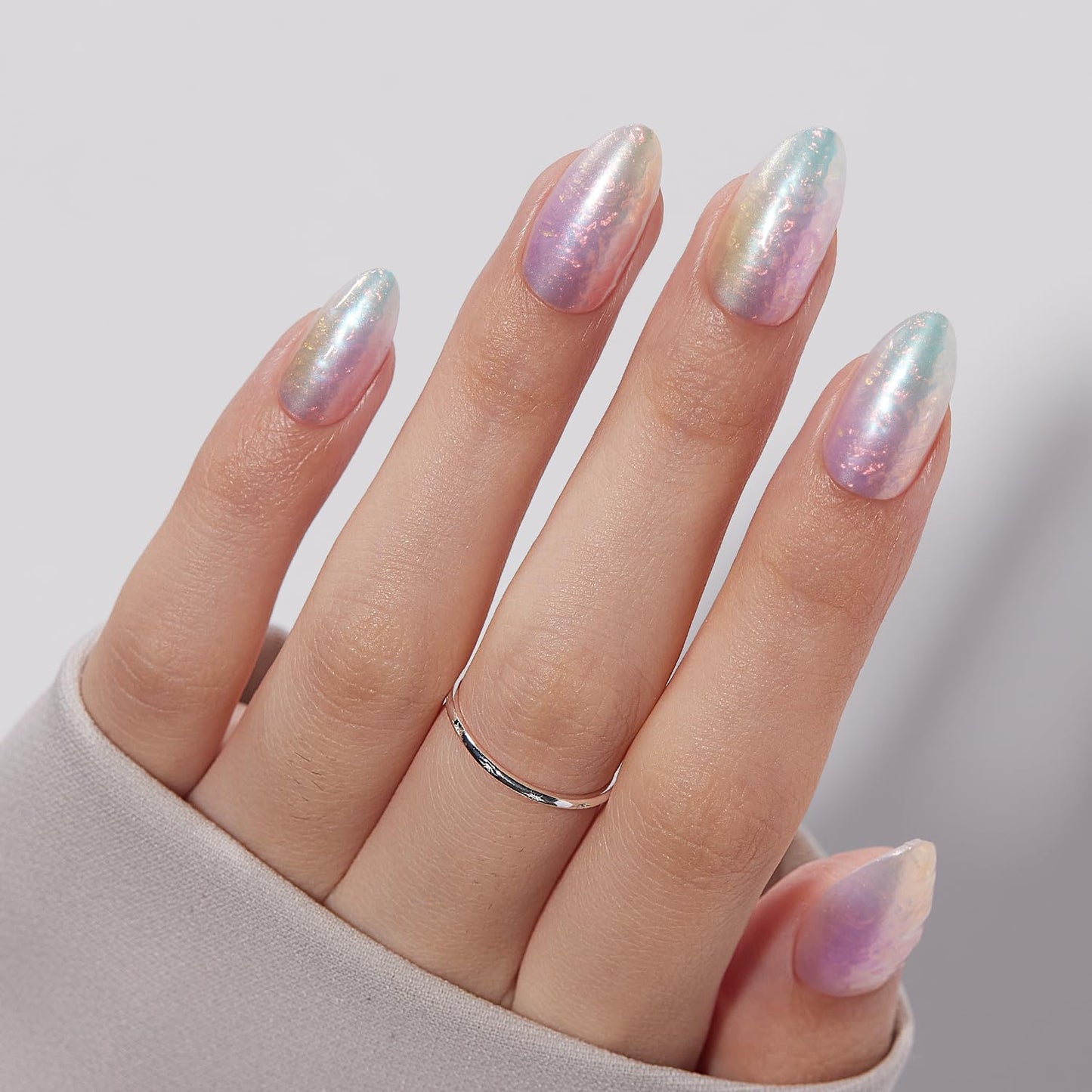 VSALON Press on Nails Medium Almond - Colorful Sfumato Golden Foil Nails Kit for Women, Reusable Spring Summer Opaque Soft Gel Fake Nails with Glue & Cuticle Oil - 32 PCS Glue On Nails in 16 Sizes