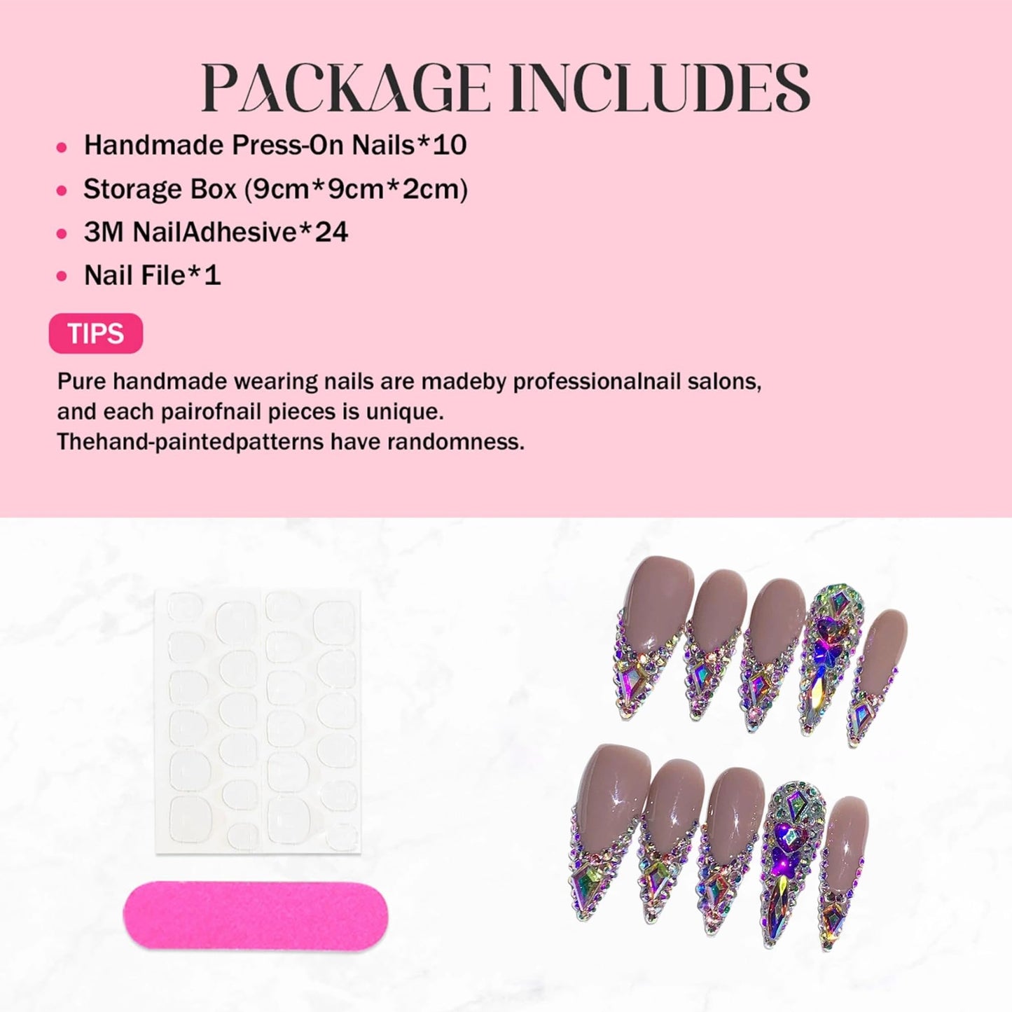 10Pcs Handmade Press on Nails Rhinestone French Tip Fake Nails Long Stiletto False Nails with 3D Designs Luxury Glue On Nail Full Cover Stick on Nail for Women Manicure (Size M)