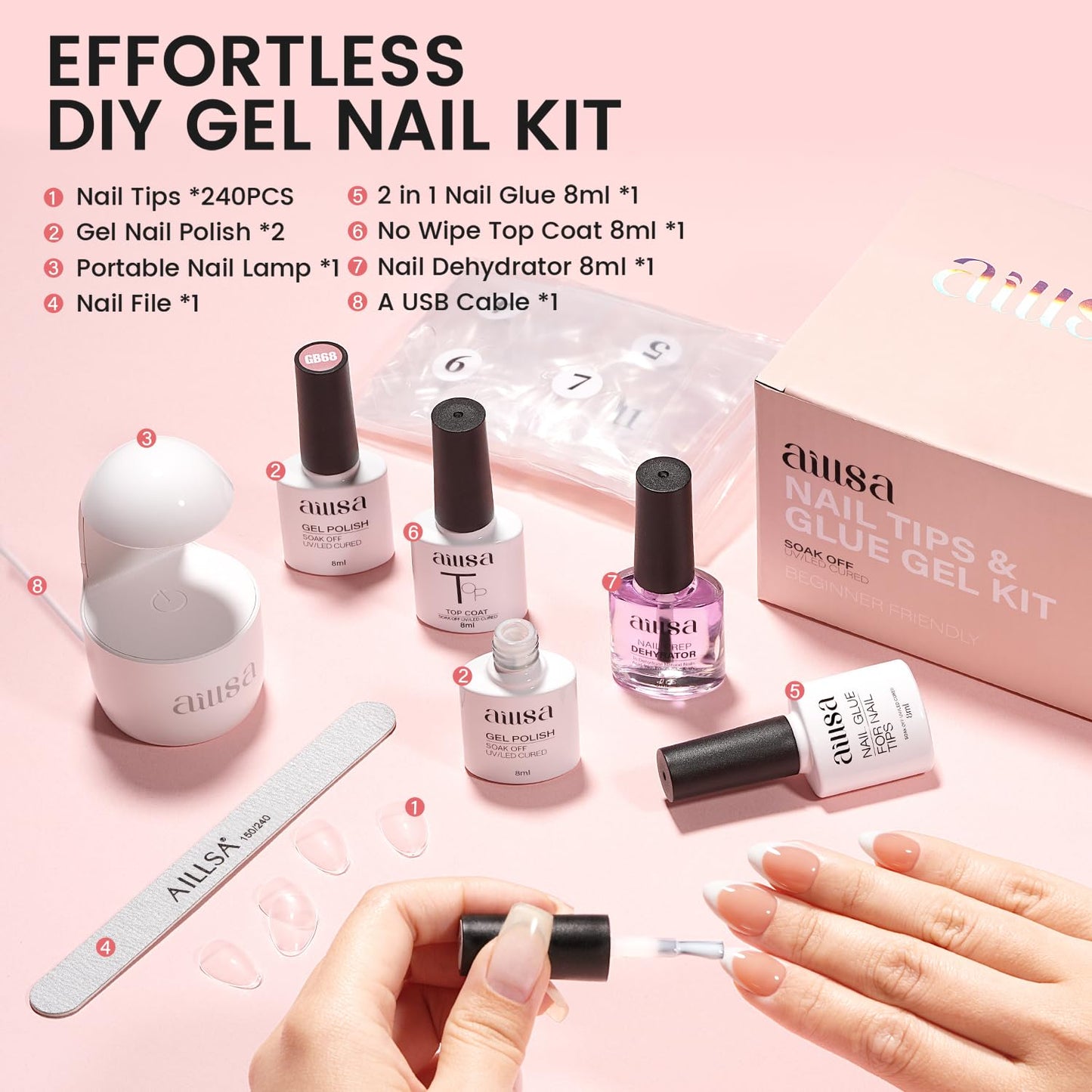 AILLSA Nail Extension Kit Short Almond Nail Tips 240pcs with 2 In 1 Nail Glue Base Coat and Nail Dehydrator, Gel Nail Tips Kit with Nail Lamp Top Coat for Starters Home Salon