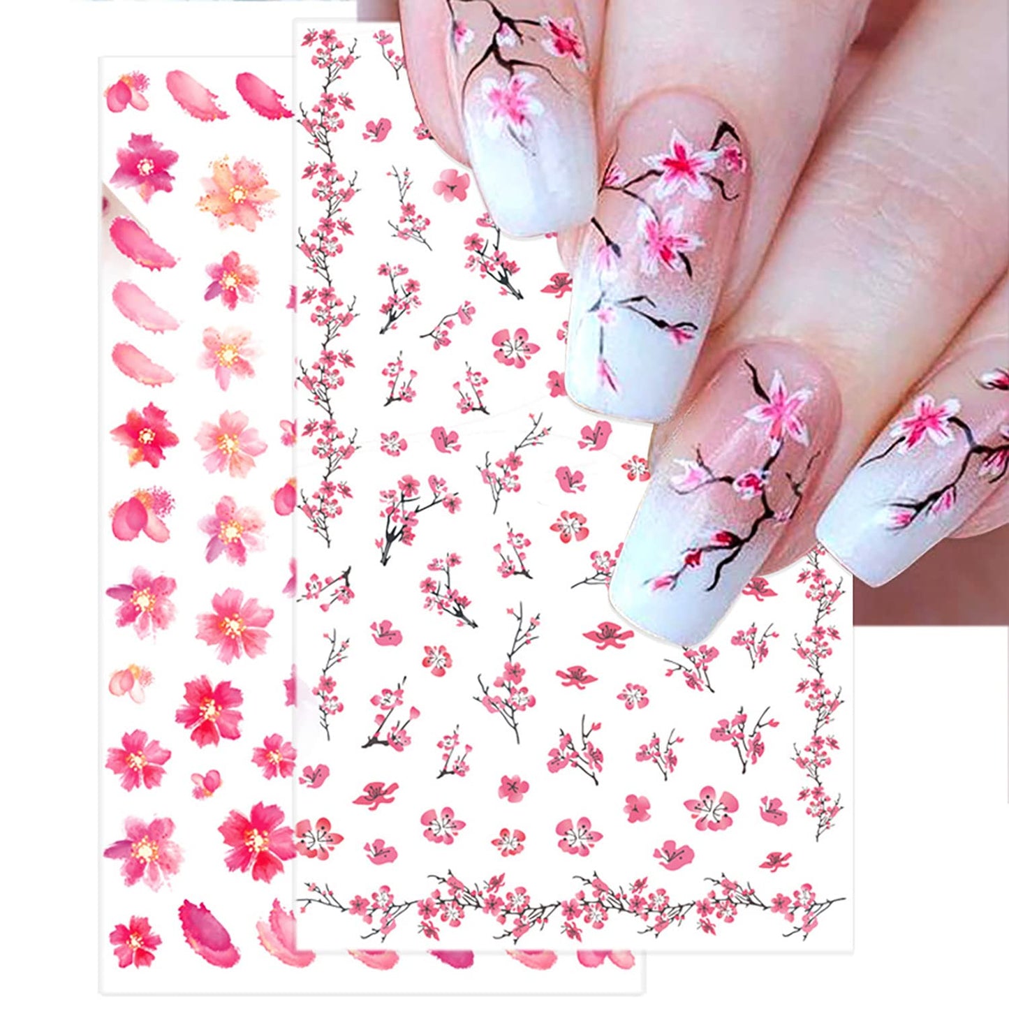 Flowers 3D Nail Decals Art Design - Holographic Peach Plum Blossom Lotus - Self-Adhesive Sticker Decoration for Women Manicure Tips Acrylic DIY Nails Art Supplies