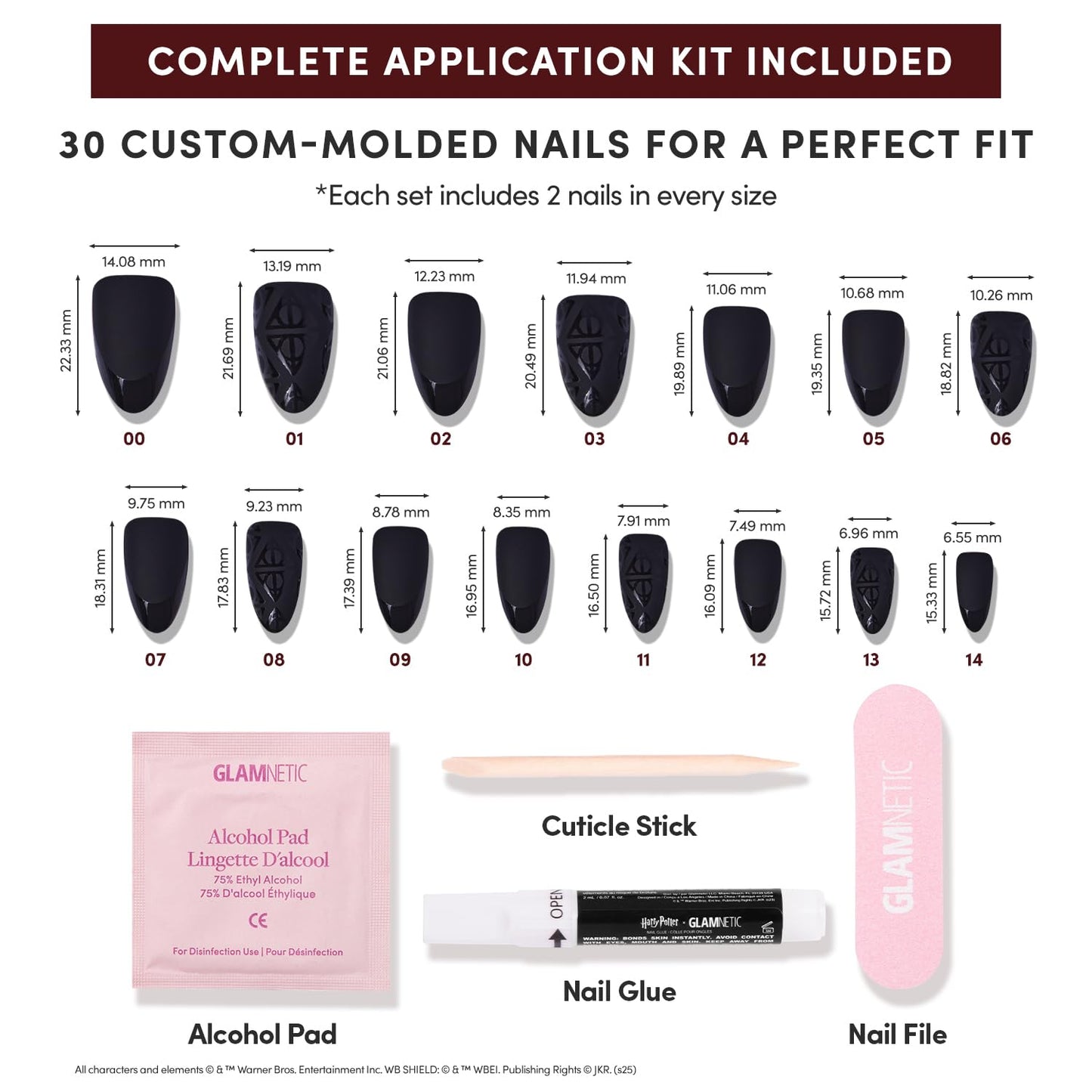 Harry Potter™ x Glamnetic Press On Nails - Deathly Hallows™ | Black Harry Potter™ Graphic Short Almond Fake Nails in a Matte & Glossy Finish | 15 Sizes - 30 Nail Kit with Glue