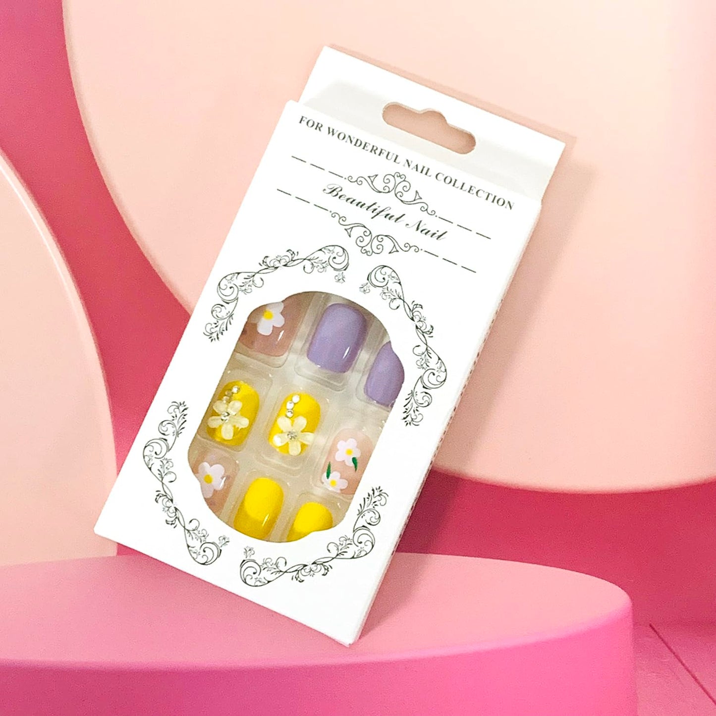 Vezocim Press on Nails Short Square-24Pcs Glossy Full Cover Acrylic Square False Nails with Floral Gems Designs Artificial Extra Short Square Fake Nails with Glue Stick on Fingernails for Women Girls